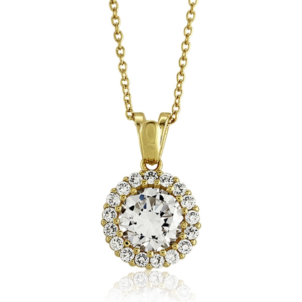 Cubic Zirconia Halo Pendant in Gold Plated Sterling Silver